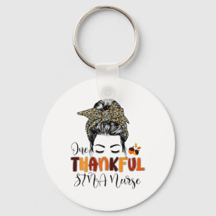 One Thankful Stna Nurse Messy Bun Leopard Thanksgi Key Ring