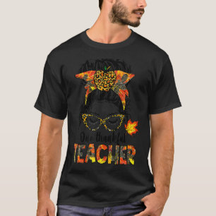 One Thankful Teacher Messy Bun Leopard Thanksgivin T-Shirt