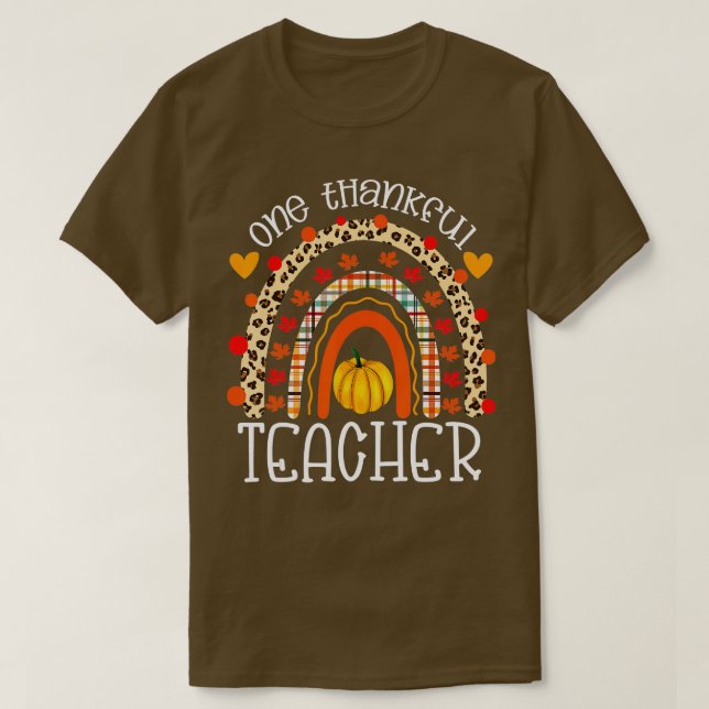 One Thankful Teacher Thanksgiving Rainbow Leopard  T-Shirt (Design Front)