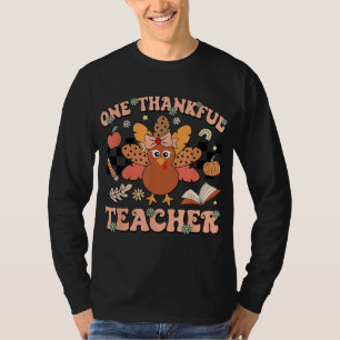 One Thankful Teacher Thanksgiving Retro Groovy Fal T-Shirt