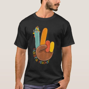 One Thankful Teacher Thanksgiving Turkey Peace Han T-Shirt
