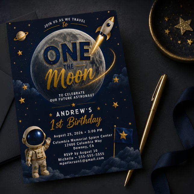 One The Moon First Birthday Invitation Blue Gold (Creator Uploaded)