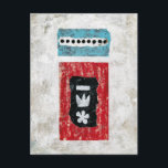One Time In Seville Postcard - Abstract Art<br><div class="desc">A simple graphic with a bold red background features a black shield-shaped object adorned with three white symbols. Above it,  a smaller rectangle in a light blue displays a row of black circles or dots.</div>