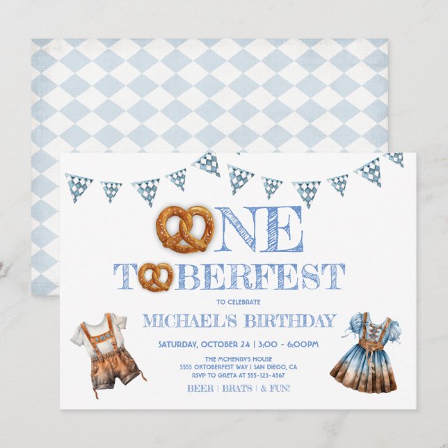 One toberfest Pretzel lederhosen 1st Birthday Invitation (Front/Back)