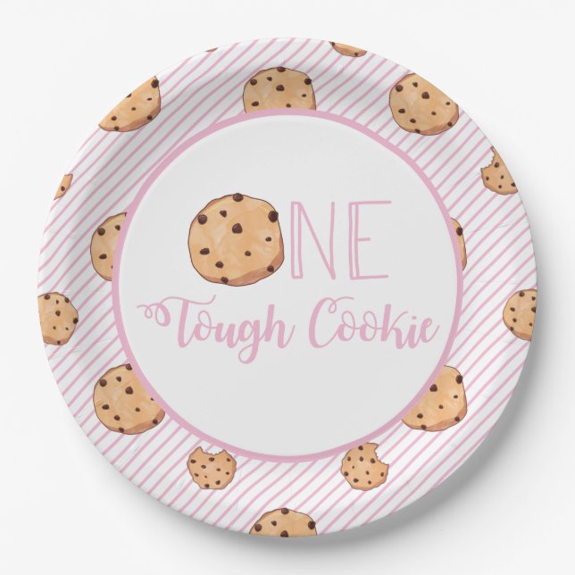 One Tough Cookie cookies and Pink stripes Birthday Paper Plate (Front)