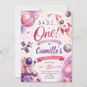 One Trip Around the Sun Pink Space First Birthday Invitation