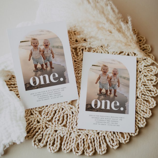 One Twin Boys - Arched Photo First Birthday Invitation (One Twin Boys - Arched Photo First Birthday Invitation)