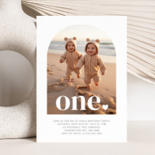 One Twin Girls - Heart Arched Photo First Birthday Invitation