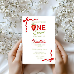 One Watercolor Strawberry,Berry Sweet Birthday Invitation