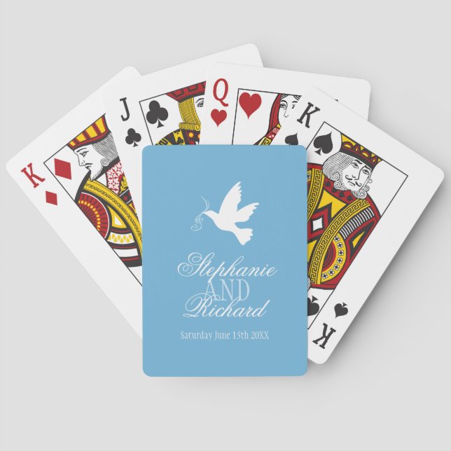 One white dove blue wedding name playing cards (Back)