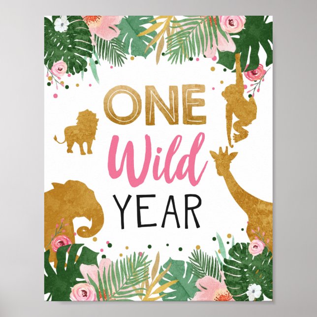 One Wild Year Safari Table Sign Jungle Girl Pink (Front)