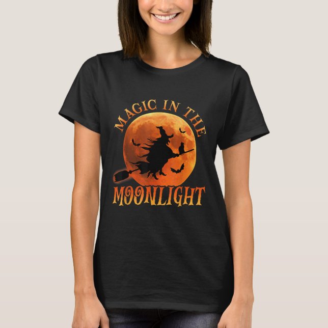 One Witch Riding Broom Halloween Magic  T-Shirt (Front)