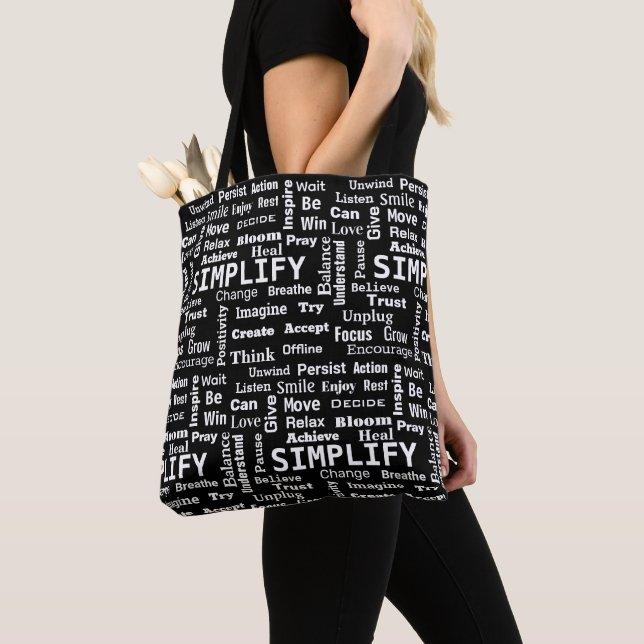 "One Word" Word Cloud On Black Tote Bag (Close Up)