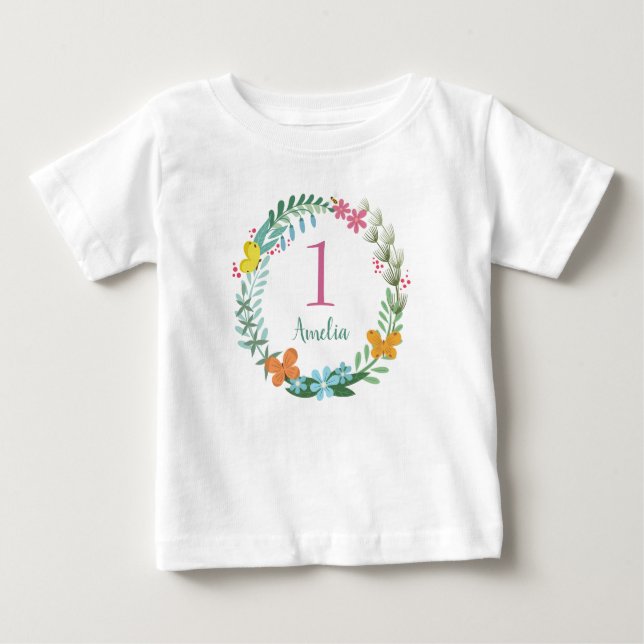 One Year Birthday Colourful Butterfly Floral Wreat Baby T-Shirt (Front)