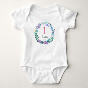 One Year Birthday Lilac Blue Floral Wreath Baby Bodysuit