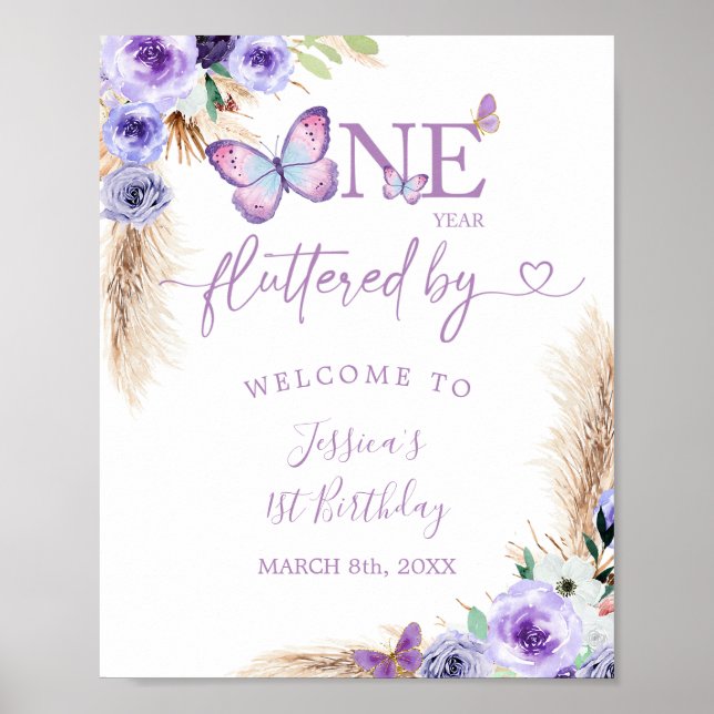 One Year Fluttered Butterfly 1st Birthday Welcome Poster (Front)