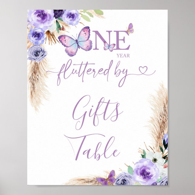 One Year Fluttered Butterfly Birthday Gifts Table Poster (Front)