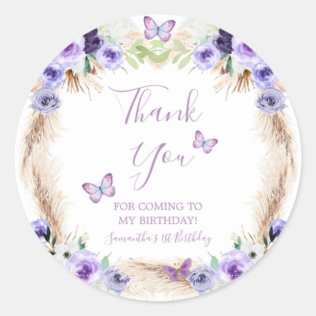 One Year Fluttered Butterfly Birthday Thank You Classic Round Sticker (Front)