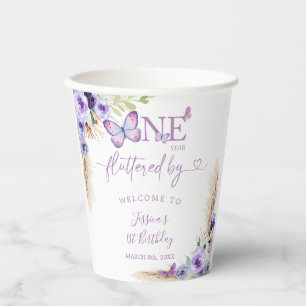 One Year Fluttered Butterfly First Birthday Floral Paper Cups
