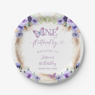 One Year Fluttered Butterfly First Birthday Floral Paper Plate