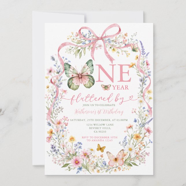 One Year Fluttered By Birthday Wildflower Invitation (Front)
