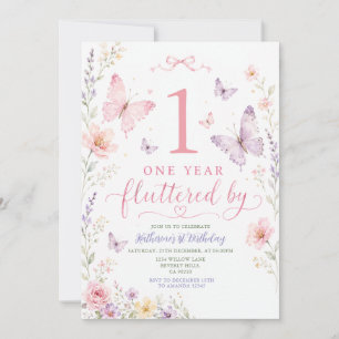 One Year Fluttered By Butterfly 1st Birthday Invitation