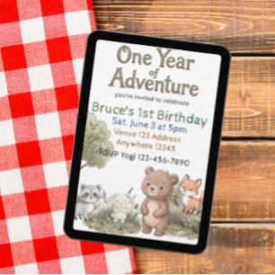 One Year of Adventure 1st Birthday Forest Friends Invitation