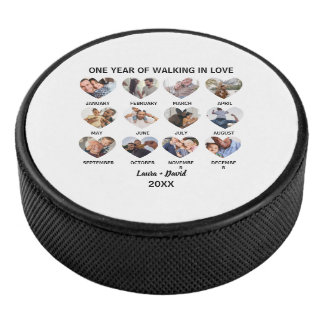 One Year of Walking in Love 12 Heart Photo Collage Hockey Puck