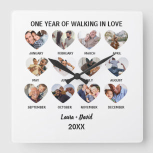 One Year of Walking in Love 12 Heart Photo Collage Square Wall Clock
