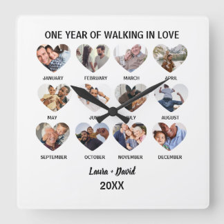 One Year of Walking in Love 12 Heart Photo Collage Square Wall Clock