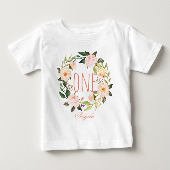 One Year Old Birthday Baby Girl Floral Wreath-2 T-Shirt (Front)