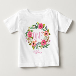 One Year Old Birthday Baby Girl Floral Wreath-4 T-Shirt