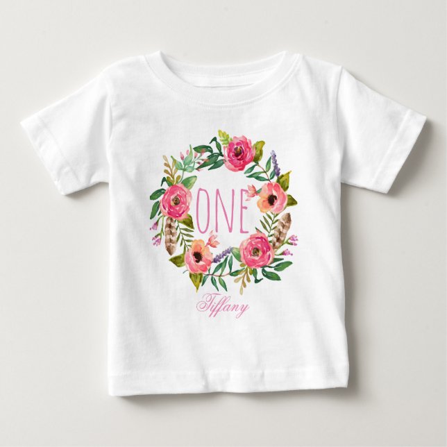 One Year Old Birthday Baby Girl Floral Wreath-4 T-Shirt (Front)
