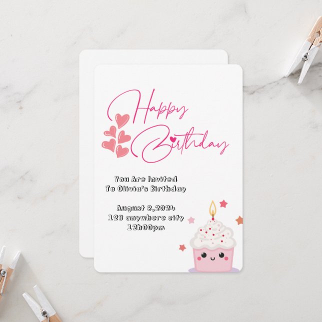 one year old birthday pink design invitation (Front/Back In Situ)