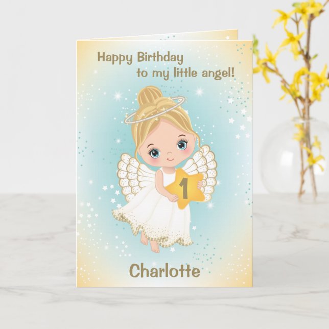 One Year Old Cute Little Angel Greeting Card (Yellow Flower)