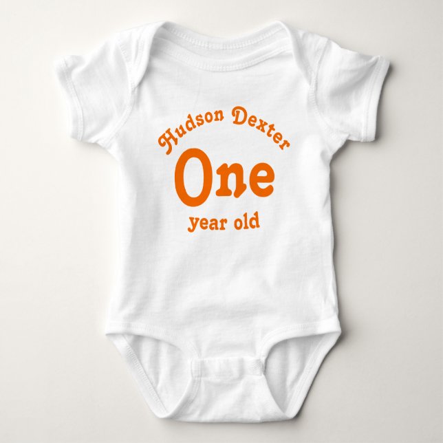 One Year Old Personalised Orange Baby Bodysuit (Front)