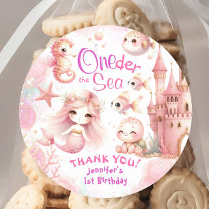 Oneder The Sea 1st Birthday Cute Girl Pink Mermaid Classic Round Sticker