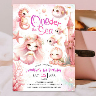 ONEder The Sea! 1st Birthday Girl Pink Sea Life Invitation
