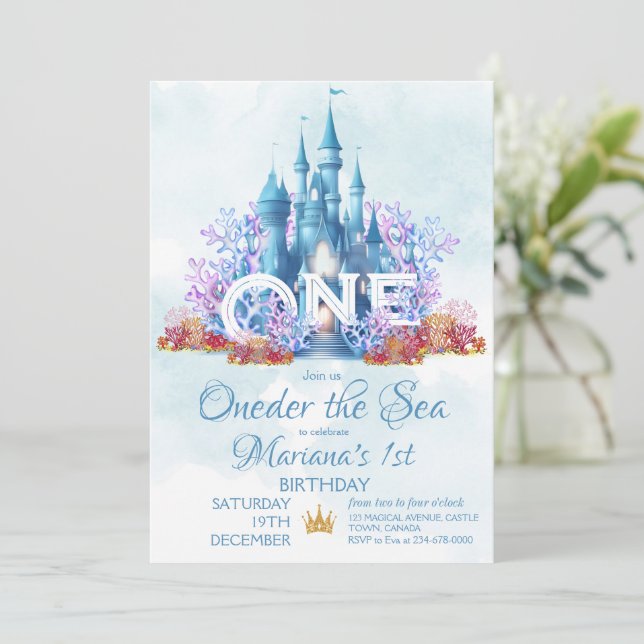 Oneder The Sea 1st Birthday Mermaid Invitation (Standing Front)