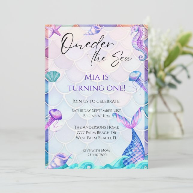 Oneder The Sea 1st Mermaid Birthday Invitation (Standing Front)