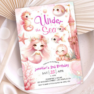 ONEder The Sea! 2nd Birthday Girl Pink Cute Ocean Invitation