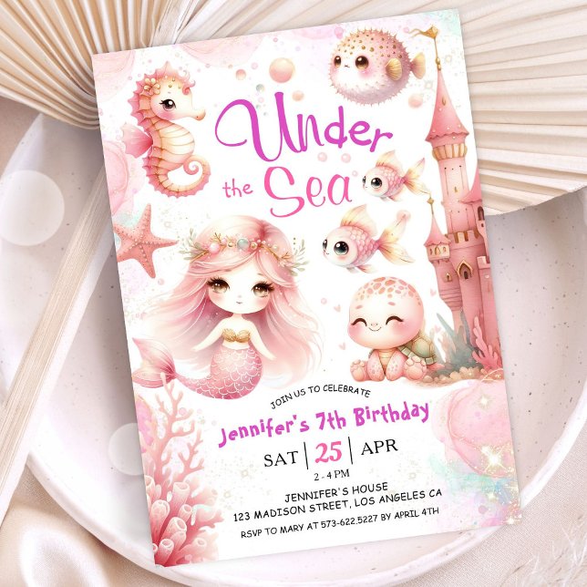 ONEder The Sea! 7th Birthday Girl Pink Cute Ocean Invitation (Creator Uploaded)