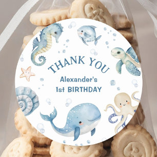 ONEder The Sea Boy 1st Birthday Cute Blue Ocean Classic Round Sticker