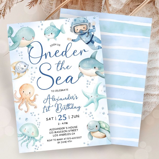 ONEder The Sea Boy 1st Birthday Cute Blue Ocean  Invitation (Creator Uploaded)