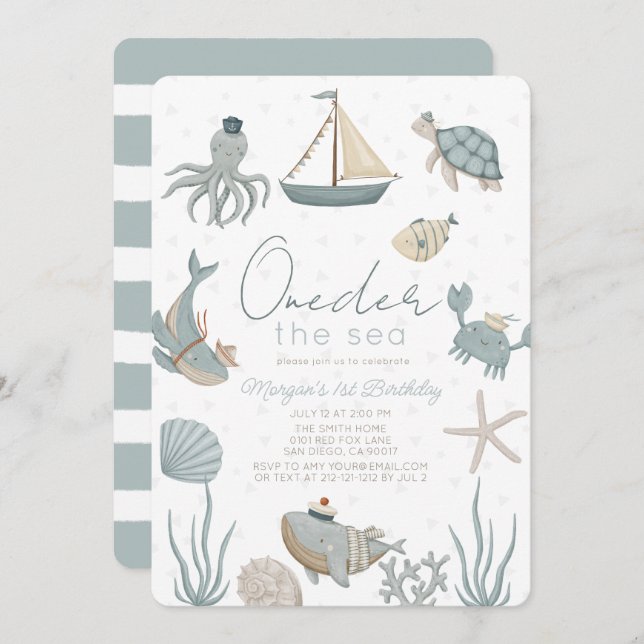 Oneder the Sea Creatures Blue Boy 1st Birthday Invitation (Front/Back)