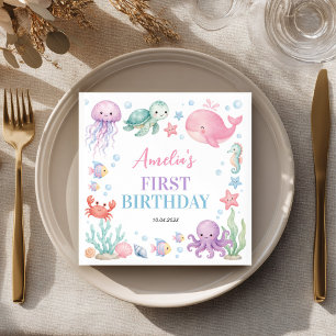 Oneder the Sea Cute Ocean Animals Birthday Napkin