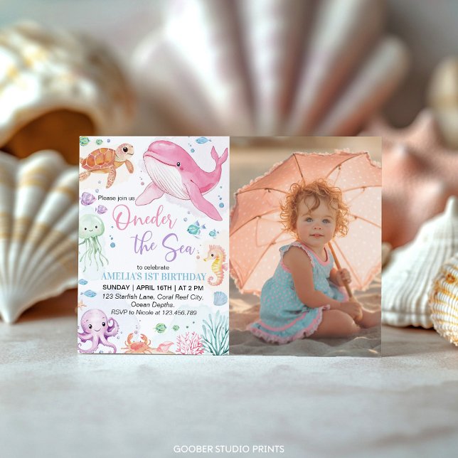 Oneder The Sea Cute Ocean Animals Birthday Photo Invitation (Creator Uploaded)