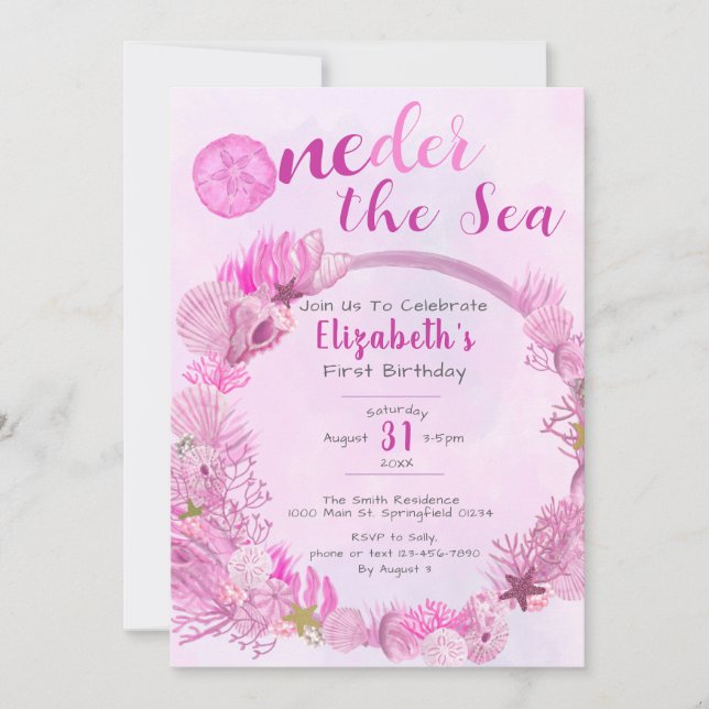 OneDer the Sea Cute Pink Girl 1st Birthday Party Invitation (Front)