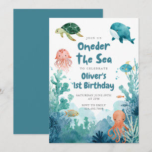 Oneder the Sea Cute Watercolor 1st Birthday Invitation