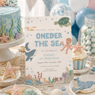 Oneder the Sea Cute Watercolor Blue Boy 1st Invitation